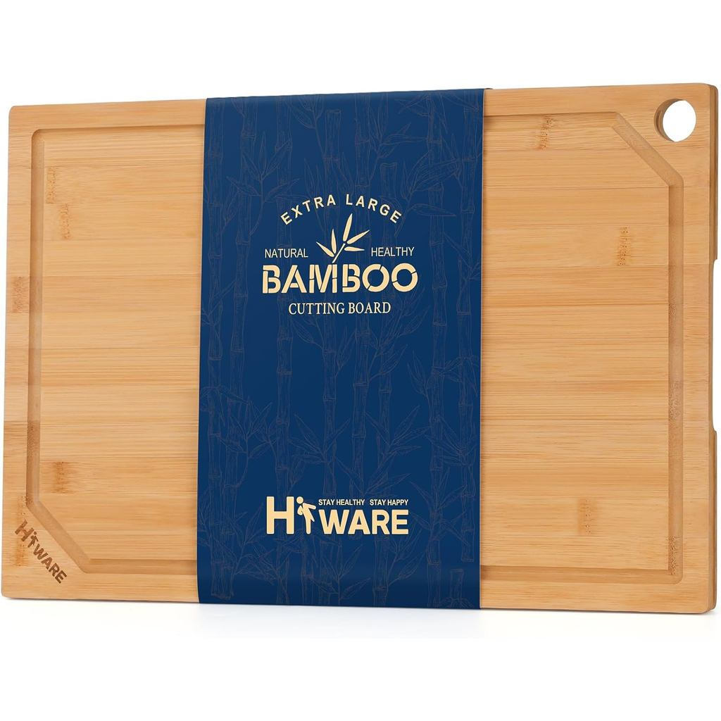 Tábua de Corte de Cozinha de Bambu Oversized Hiware, Tábua de Corte de Madeira Resistente com Tanque de Suco, 100% Bambu
