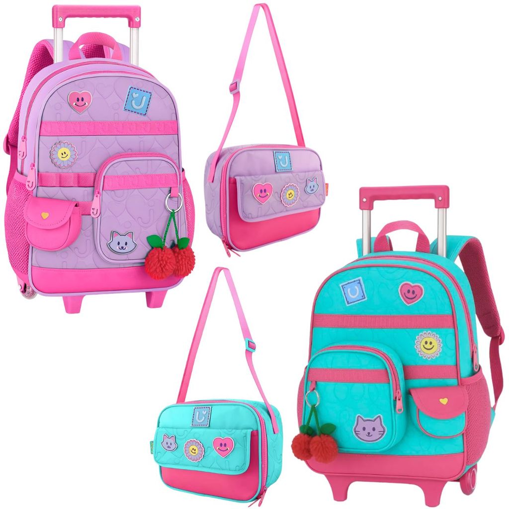 Kit Escolar Juju C/ Mochila de Rodinhas + Lancheira Térmica Transversal P/ Meninas Infantil Alça Confortável Resistente
