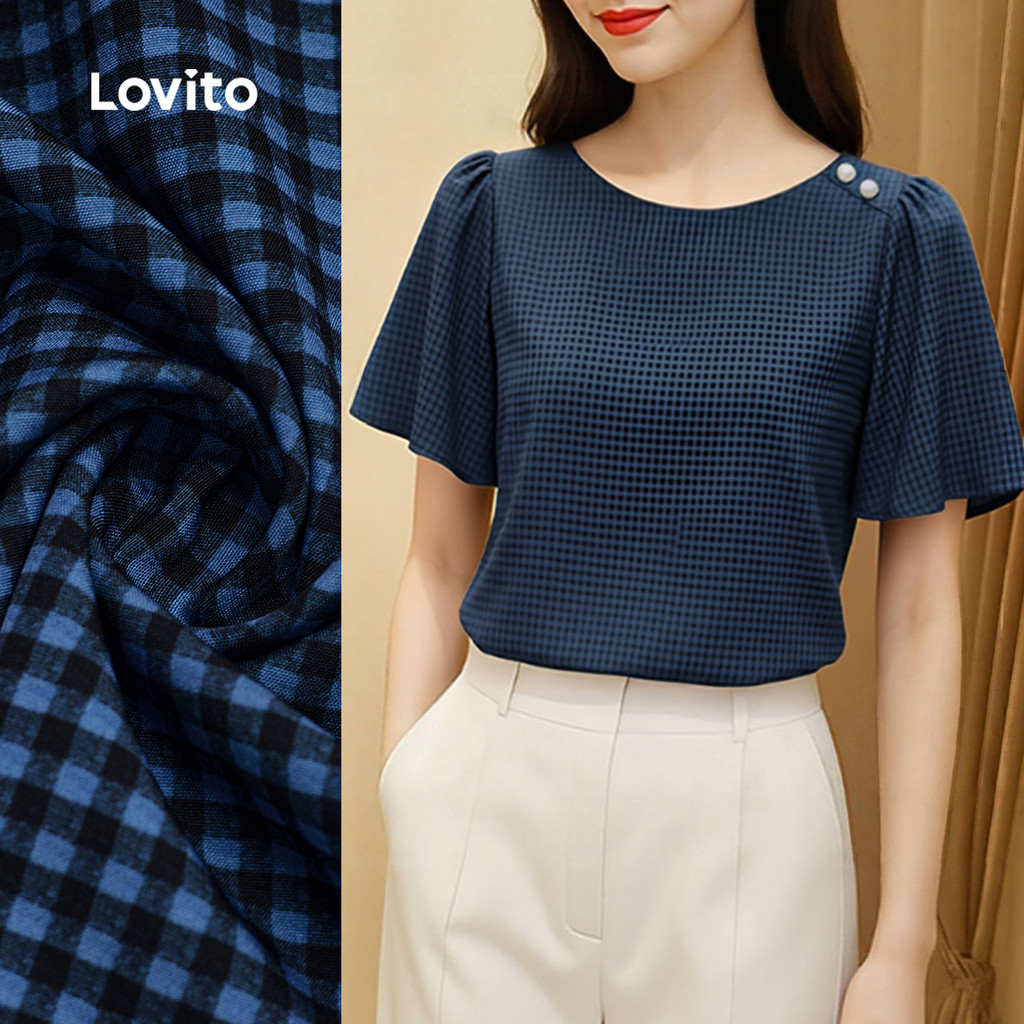 Lovito Blusa Casual Geométrica Primavera/verão Azul Escuro Blusa para Mulheres L164ED090 em Oferta na Shopee