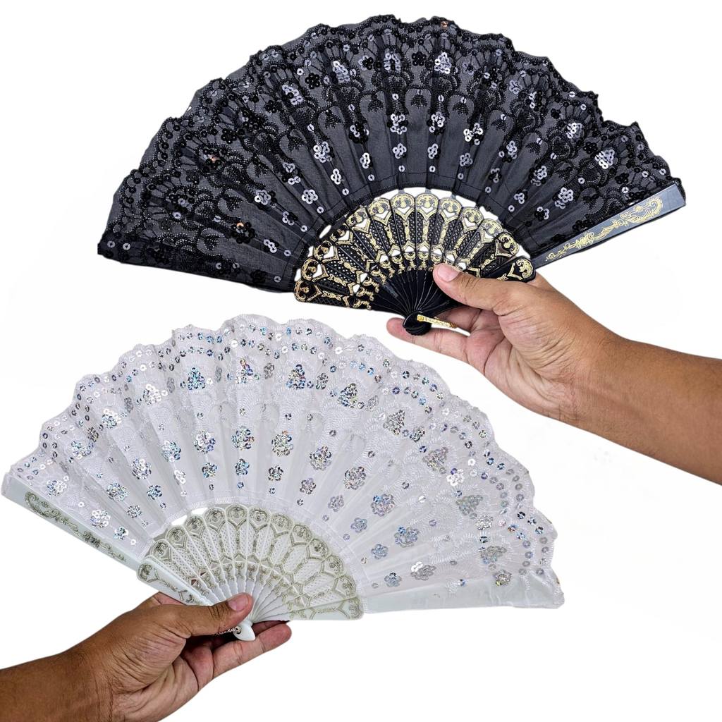 Kit 2 Leques Preto e Branco Dobrável Lembrancinha Elegante