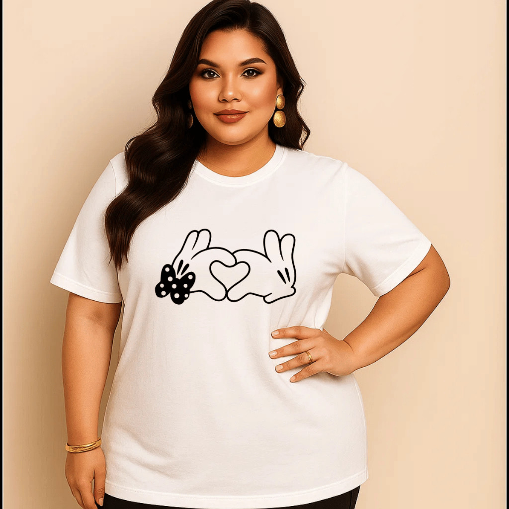 Camiseta Plus Size Feminina Estampada Do P Ao G5 Mãos Animadas Coração Academia Treino 100% Algodão Premium Verão 01