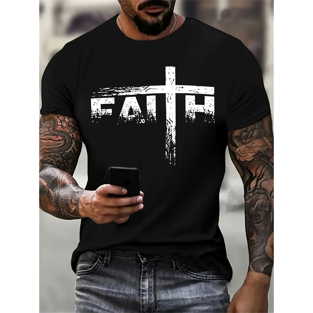 Camiseta Streetwear Camiseta Masculina "FAITH" Cruz Tipografia Religiosa Estampada Estilosa Confortável Moderna Casual