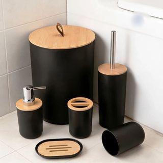 Kit Para Banheiro Com 4 Peças Lavabo Luxuoso Preto Redondo E Quadrado Bambu