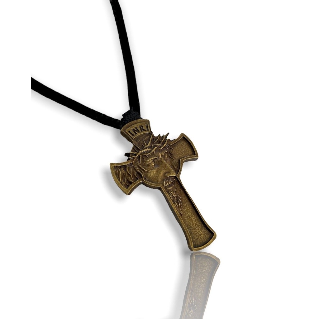 Cordão Cruz Face de Cristo Metal Ouro Velho