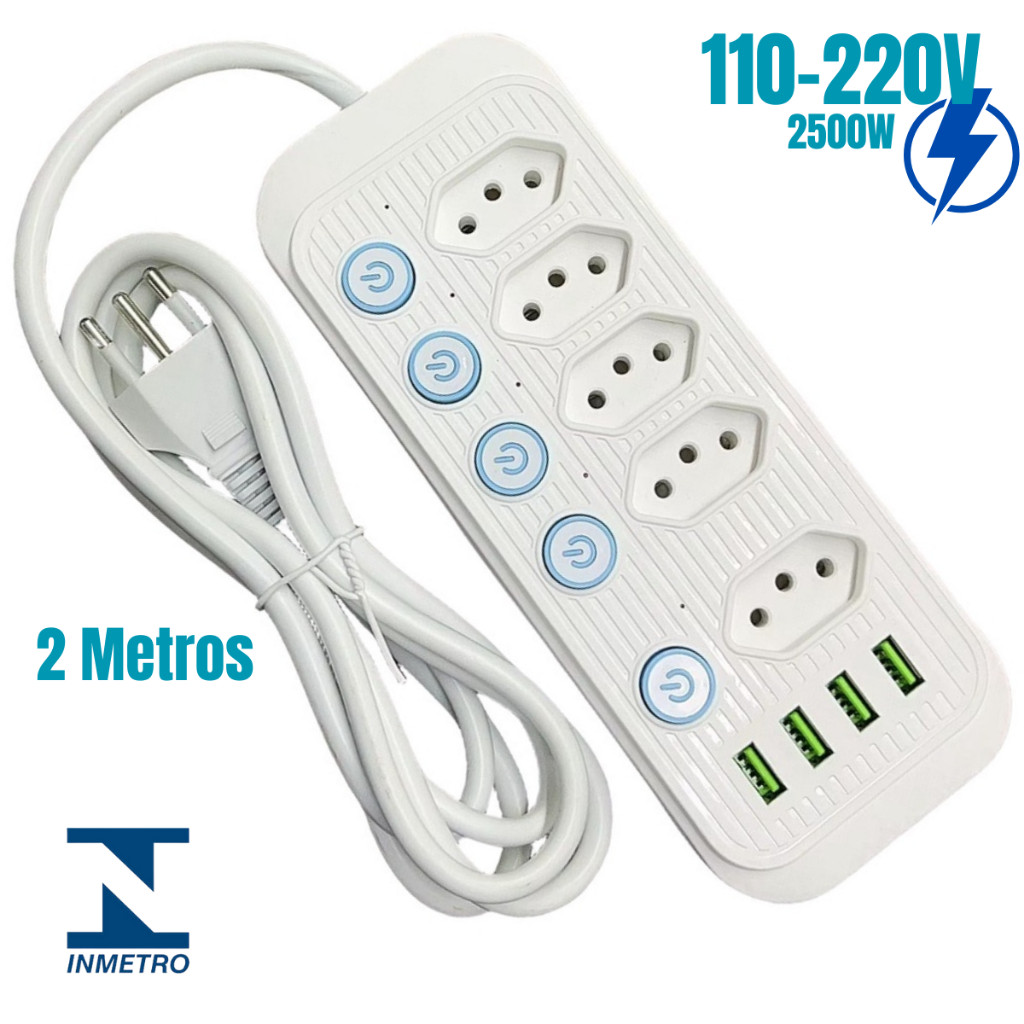 Extensão Elétrica 2 Metros 5 Tomadas, com Liga/Desliga Individual + 4 USB Led Bivolt 110V/220V