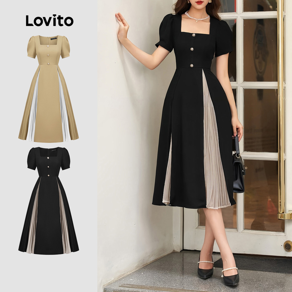 Lovito Vestido Preto Elegante Liso Com Blocos De Cores Plissado Primavera/verão Para Mulheres L135A2D514 em Oferta na Shopee