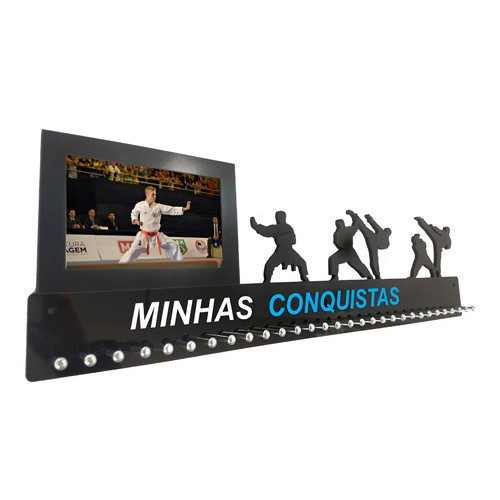 Porta Medalha Karate Masculino Grande com Porta Retrato Cor Preto