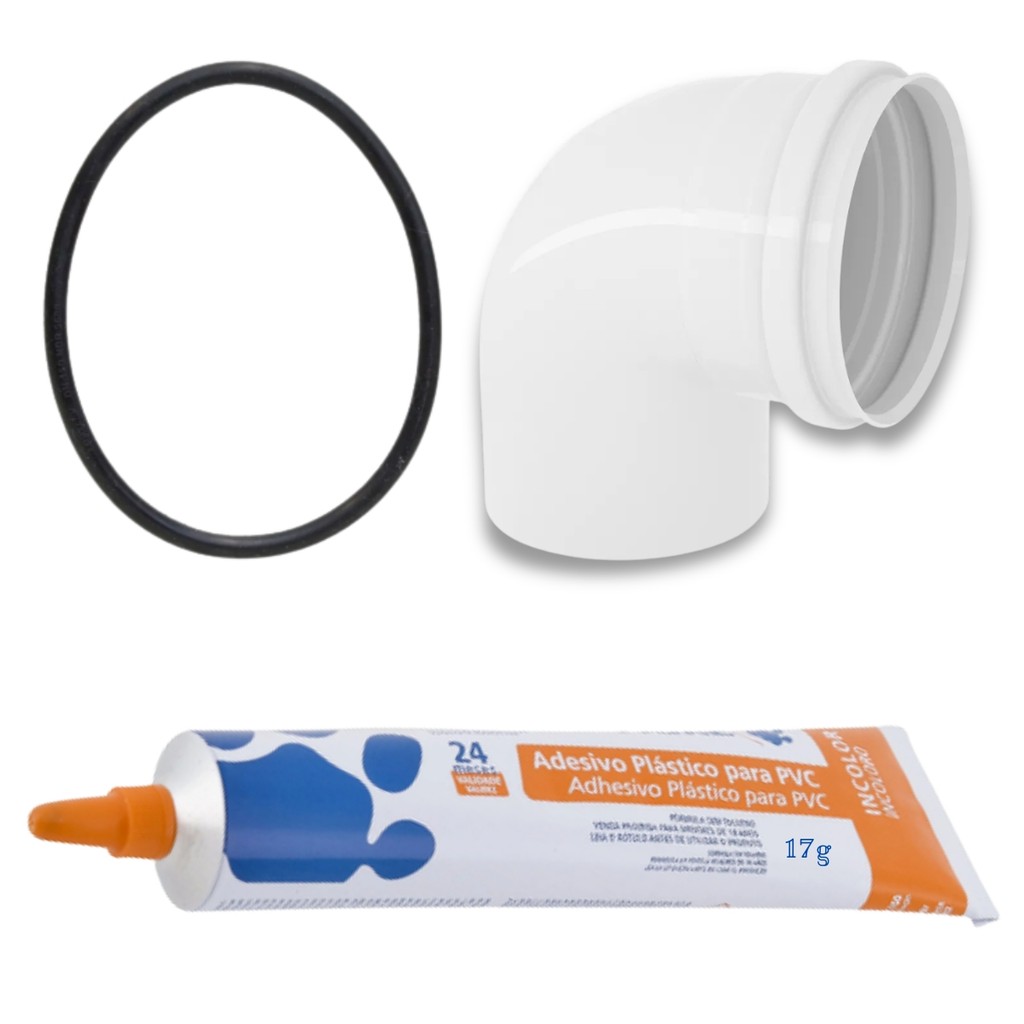 Kit Joelho 90 Graus Esgoto 50mm PVC com Anel de Vedação DN50 e Adesivo PVC Incolor Bisnaga 17g Encanamento Obra