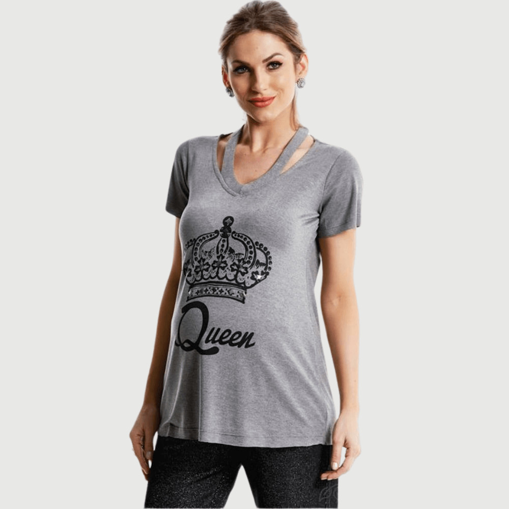 Camiseta Gestante Cinza Mescla Gola Solta Queen