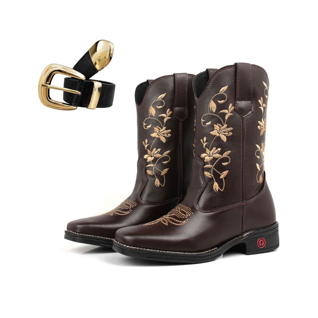 Kit Botina Texana Feminina Bordada + Cinto com Elástico | Bota Boiadeira e Fivela Estilo Country