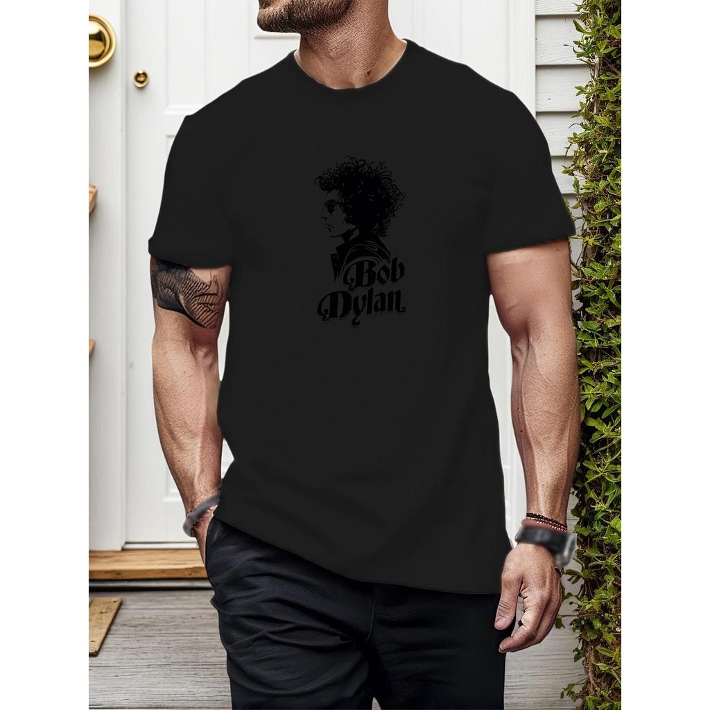T-shirt gráfica Bob Dylan para homem - Camisa de música retro preta com silhueta icónica, t-shirt de pesco?o redondo mac