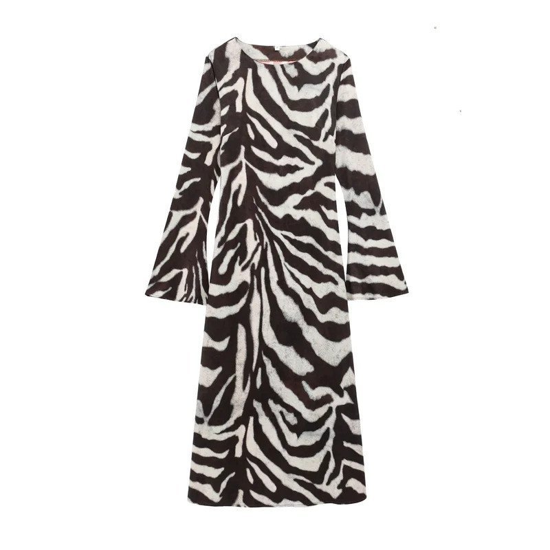 Vestido de Verão Feminino Listras de Zebra Vestidos Longos com Mangas Vestidos de Festa Elegantes Roupas Femininas