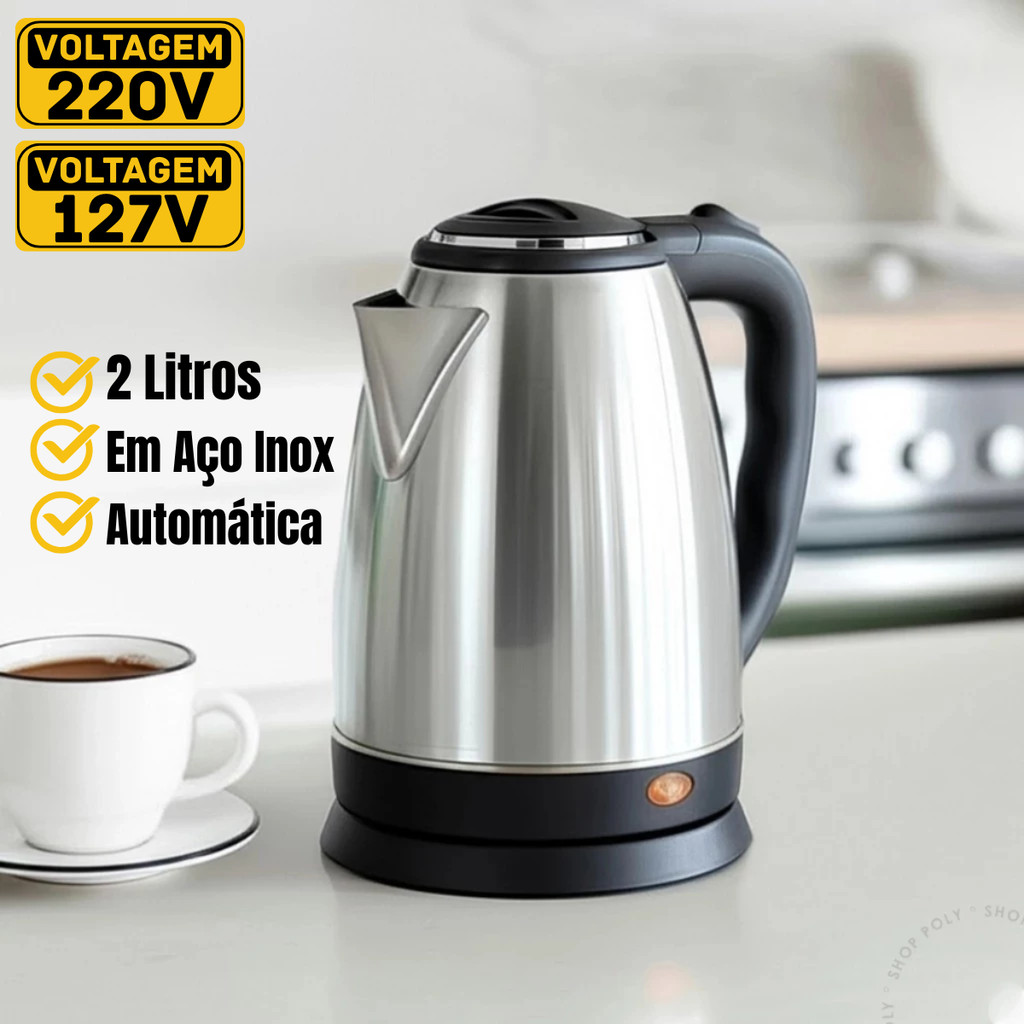 Chaleira Elétrica Inox Grande 2Litros 110V/220V Jarra Térmica 1500W Ferve Água e Café Chá