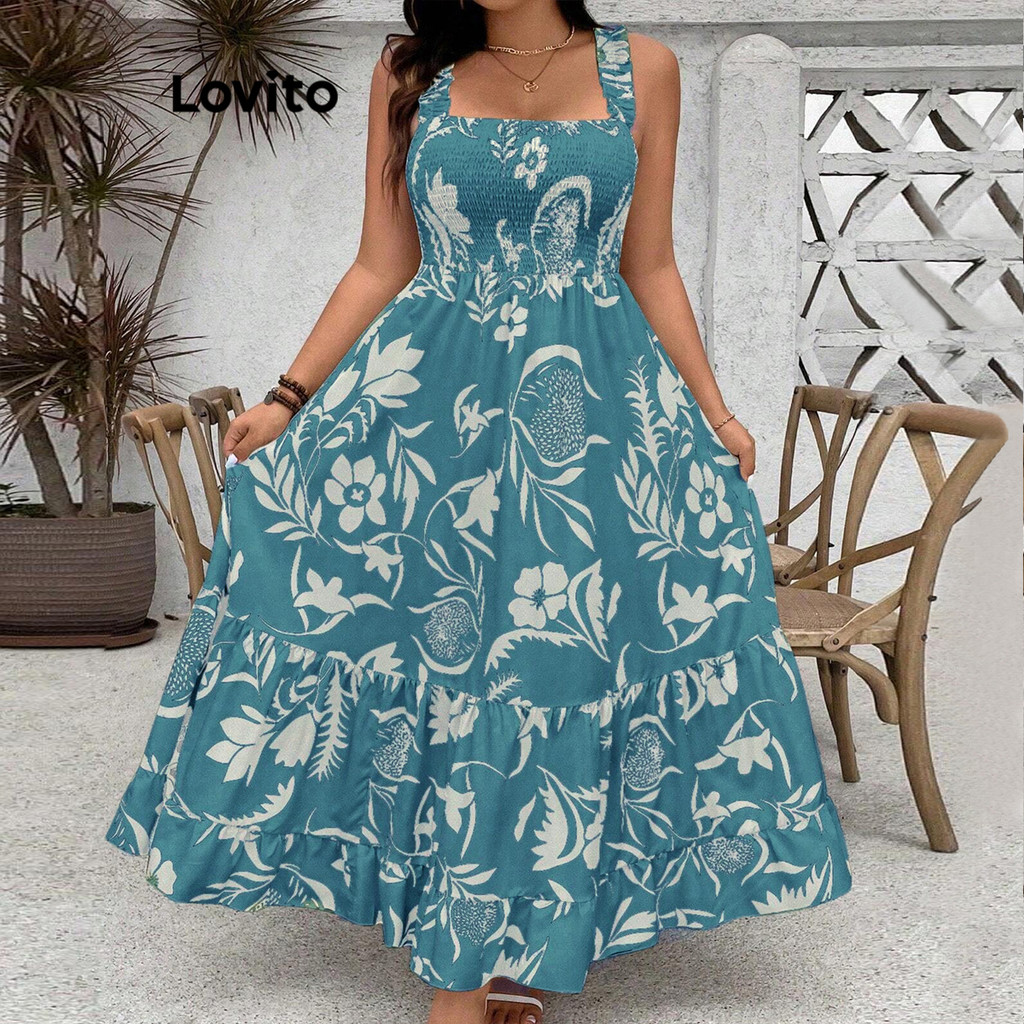 Lovito Vestido Boho Curva Plus Size Floral Smocked Alface Guarnição Vestido De Verão/Primavera Para Mulheres LBL19573 em Oferta na Shopee