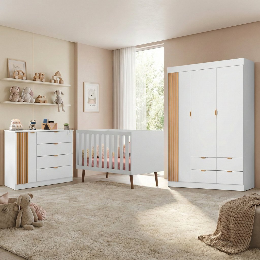 Quarto de Bebê Completo 3 Peças com Berço, Guarda-Roupa e Cômoda 100% MDF Ayla Branco Branco em Oferta na Shopee