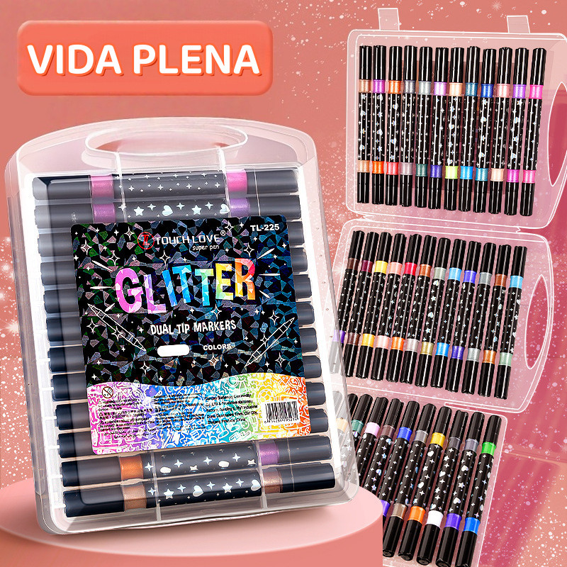 Caneta Marcadora Acrílica Bicolor De Ponta Dupla 12/24/36/48/72/96 Cores Com Brilho Metálico