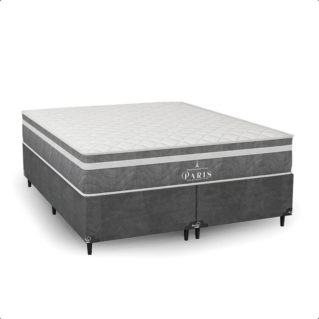 Cama Box Queen + Colchão Paris Molas Ensacadas - Cinza - e-Shop Casa