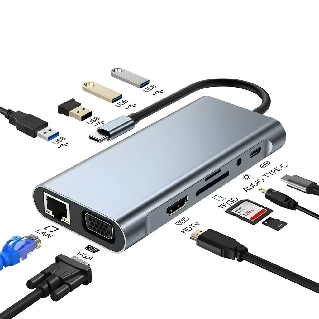 Hub Adaptador USB-C 11 em 1 com HDMI, VGA, LAN, USB 3.0, Leitor de Cartões e Áudio – Tipo-C Multifuncional ming em Oferta na Shopee