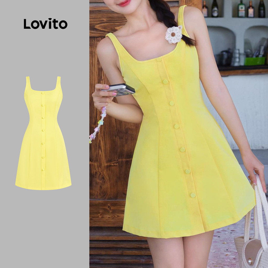 Lovito Vestido Casual Feminino Liso Com Botões Vestido De Verão/primavera L132AD1045 em Oferta na Shopee