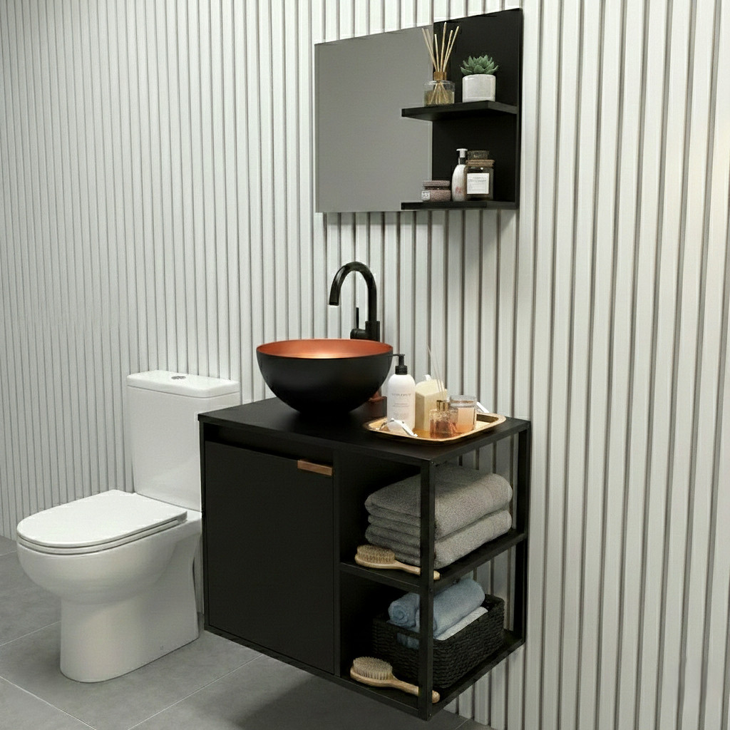 Conjunto Completo para Banheiro com Gabinete Armário Industrial + Espelheira e Cuba