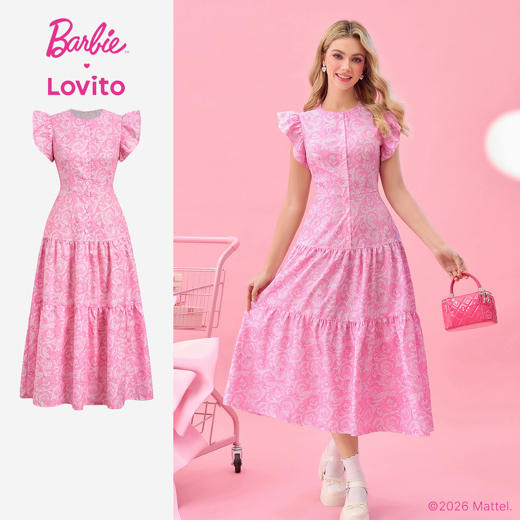 (New arrival) Barbie™ X Lovito Vestido Casual Botão Babado Bainha Primavera/Verão Mulheres DRBL2PAD027 em Oferta na Shopee