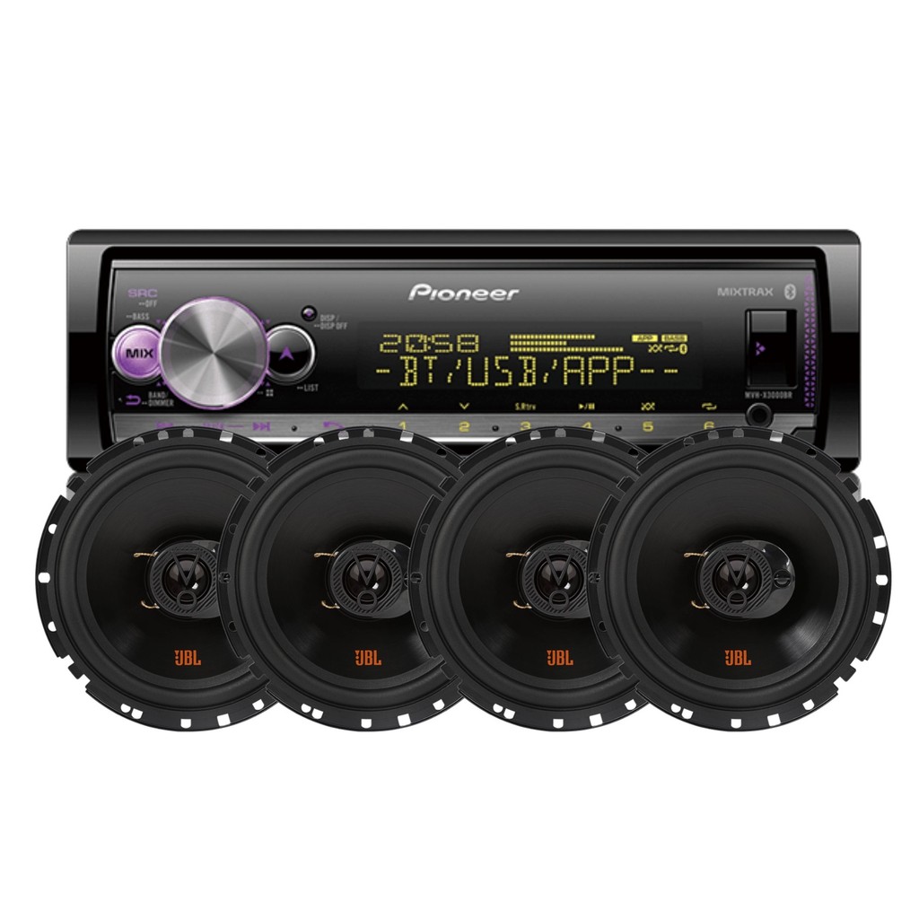 Radio Som Automotivo Pioneer Mvh x3000Br Bt + 4 Alto Falante Jbl 6 Pol Flex 6trFx55