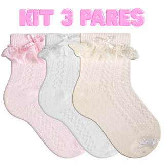 Kit 3 Pares Meia Infantil Bebê Menina Meia De Festa Rendada Batizado 16 ao 25 em Oferta na Shopee