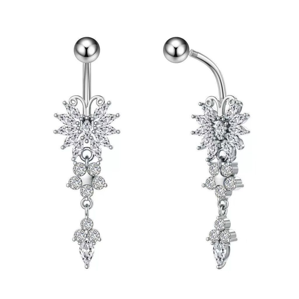 Piercing de Umbigo Flor Bauhinia | Pendente Prateado com Cristais Brilhantes e Acabamento Premium em Oferta na Shopee