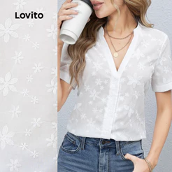 Lovito Casual Blusa com Bordado de Ilhós para Primavera/verão Branca para Mulheres L171ED424