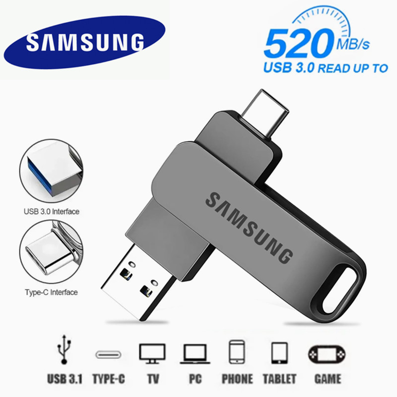 Samsung 1TB 2TB 2 Em 1 Flash Drive De Metal De Alta Velocidade USB Tipo-C U Stick SmartPhone MacBook Tablet