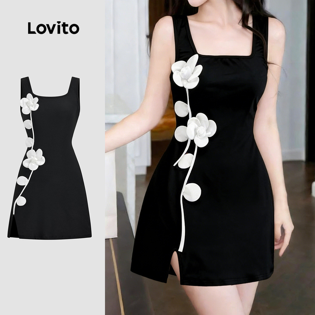 Lovito  Vestido Preto Casual com Apliques Colorblock Primavera/verão para Mulheres L172LD1935 em Oferta na Shopee