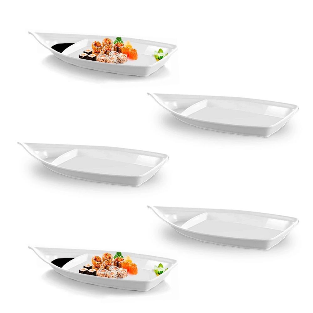 5 Barcas 40cm Melamina Branca Comida Japonesa e Açaí