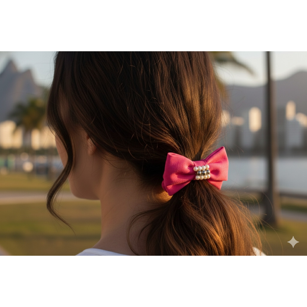 Scrunchie laço com pérola xuxinha elástico de cabelo rabicó