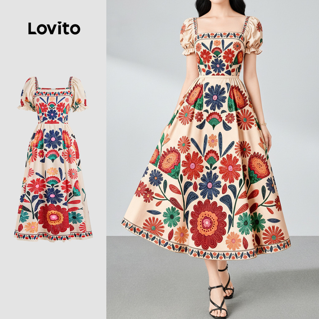 Lovito  Vestido Boho Estilo Nacional Padrão Babado Bainha Primavera/verão para Mulheres L172ED1050 em Oferta na Shopee