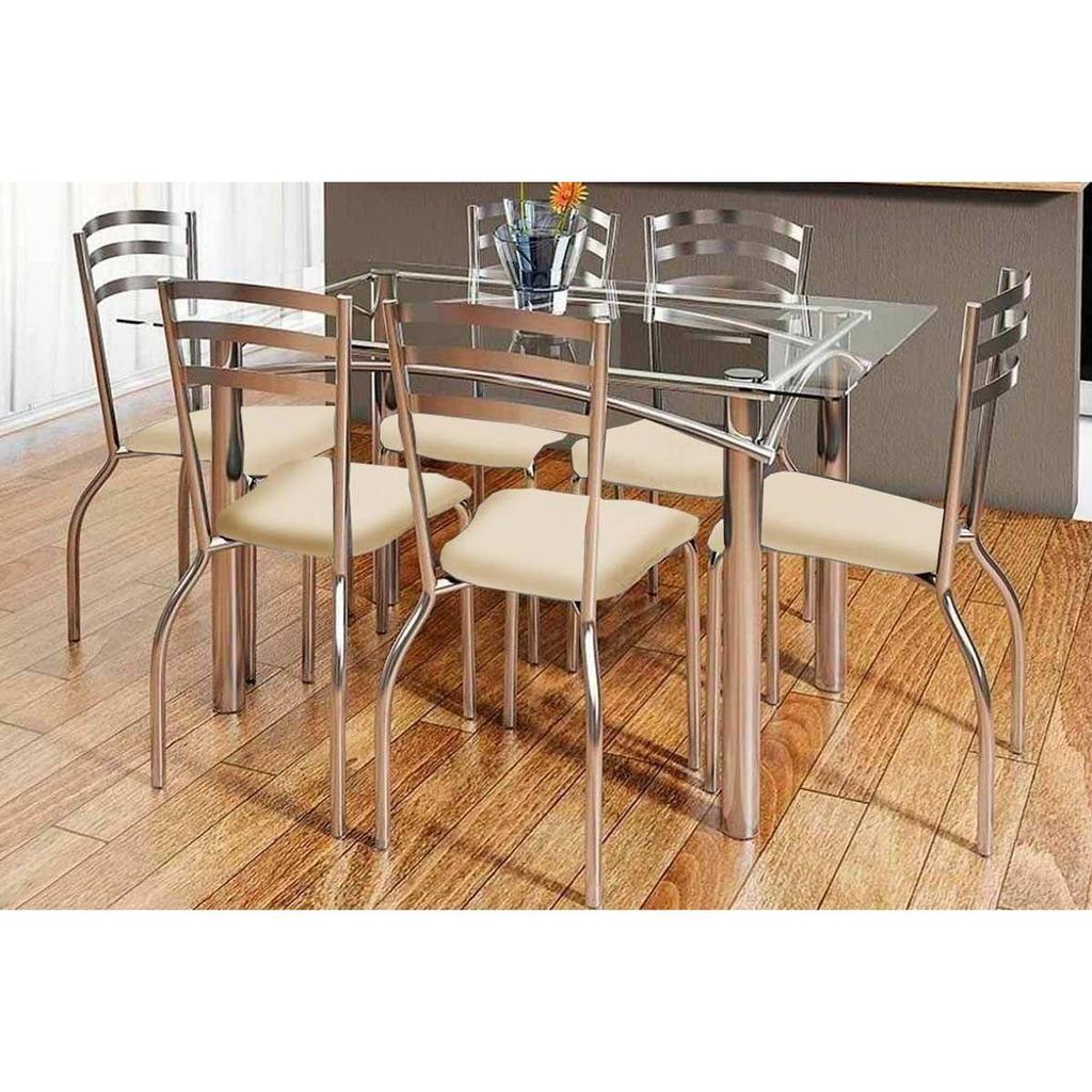 Sala de Jantar Completa Elba Aço c/ Tampo de Vidro 150x80cm e 6 Cadeiras Portugal Cromada/Nude 16 - Kappesberg