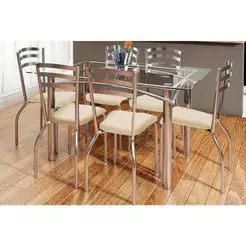 Sala de Jantar Completa Elba Aço c/ Tampo de Vidro 150x80cm e 6 Cadeiras Portugal Cromada/Nude 16 - Kappesberg