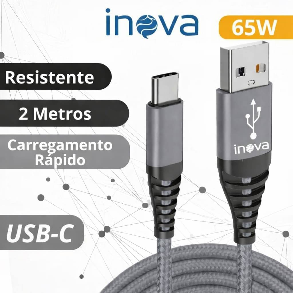 Cabo Carregador Turbo 65W Reforçado 2 Metros 6A USB Tipo C - para Samsung; Xiaomi; Realme - INOVA em Oferta na Shopee