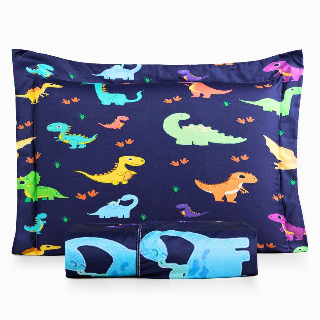 Jogo Lençol Solteiro Roupa Cama Elastico Toque Seda Decoração Quarto Menino Dinossauro Azul Avulso