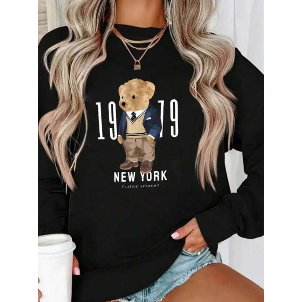 Moletom Urso New York Classic Academy Gola Redonda Unissex Blusa de Frio Feminino Masculino Casaco Moda Inverno Coreano