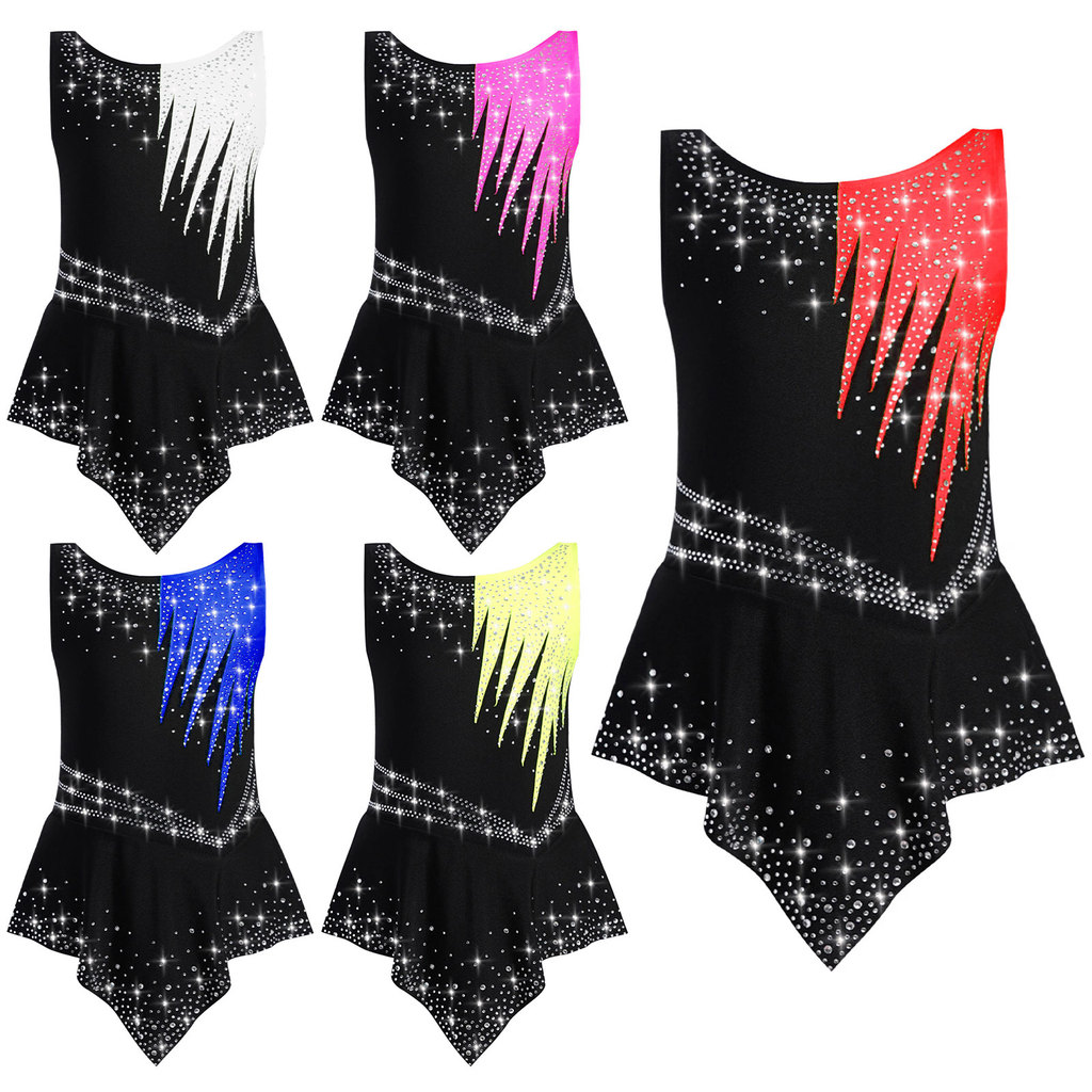 inhzoy Crianças Meninas Ginástica Rítmica Sem Mangas Collant Brilhante Strass Contraste Cor Bodysuit Competição Desempen em Oferta na Shopee