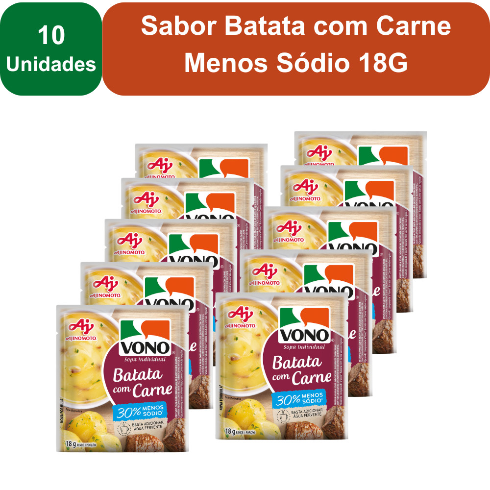 Kit 10 Unidades Sopas Cremosas VONO® Individual Sabor Batata com Carne Menos Sódio 18G