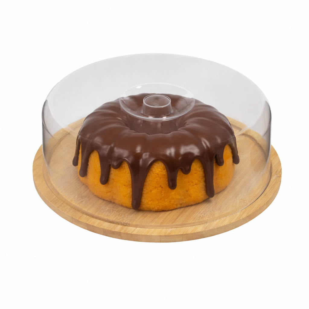 Boleira Bambu Com Tampa Em Acrílico Porta Bolo Para Bolo Torta Pudim Queijo 28cm