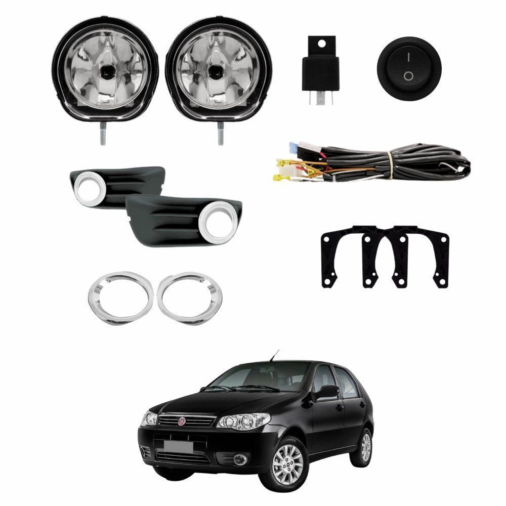 Kit Farol Auxiliar de Milha Fiat Palio Economy 2007 até 2011 Siena 2010 até 2011 Moldura Cromada Botão Alternativo