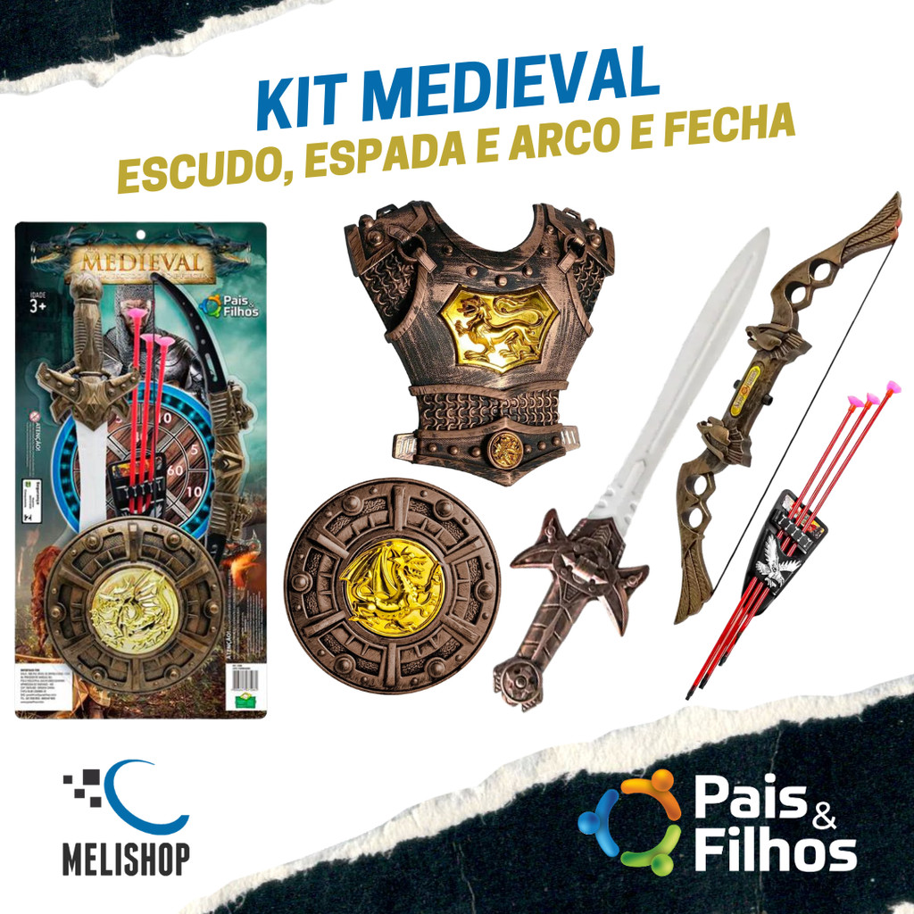 Brinquedo Infantil Kit Medieval Pais e Filhos Espada, Peitoral, Arco e Flecha Fantasia