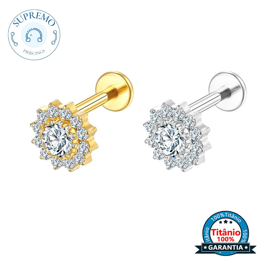 Piercing Labret Titânio PVD Flor 10 Mini Petalas Zircônia | Helix Tragus Conch Boca-Medusa