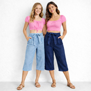 Calça Jeans Feminina Pantacourt Capri Cintura Alta com Fenda Lateral Moda Tendência |048| Promoção em Oferta na Shopee