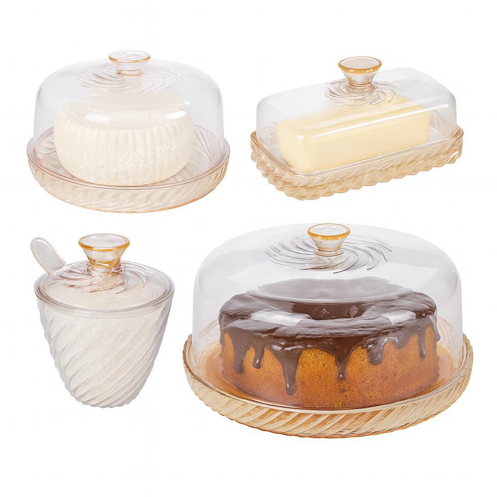 Kit Mesa Posta Queijeira Boleira Açucareiro Manteigueira Amarelo e Incolor Twist  4 Peças Plasútil em Oferta na Shopee