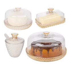 Kit Mesa Posta Queijeira Boleira Açucareiro Manteigueira Amarelo e Incolor Twist 4 Peças Plasútil