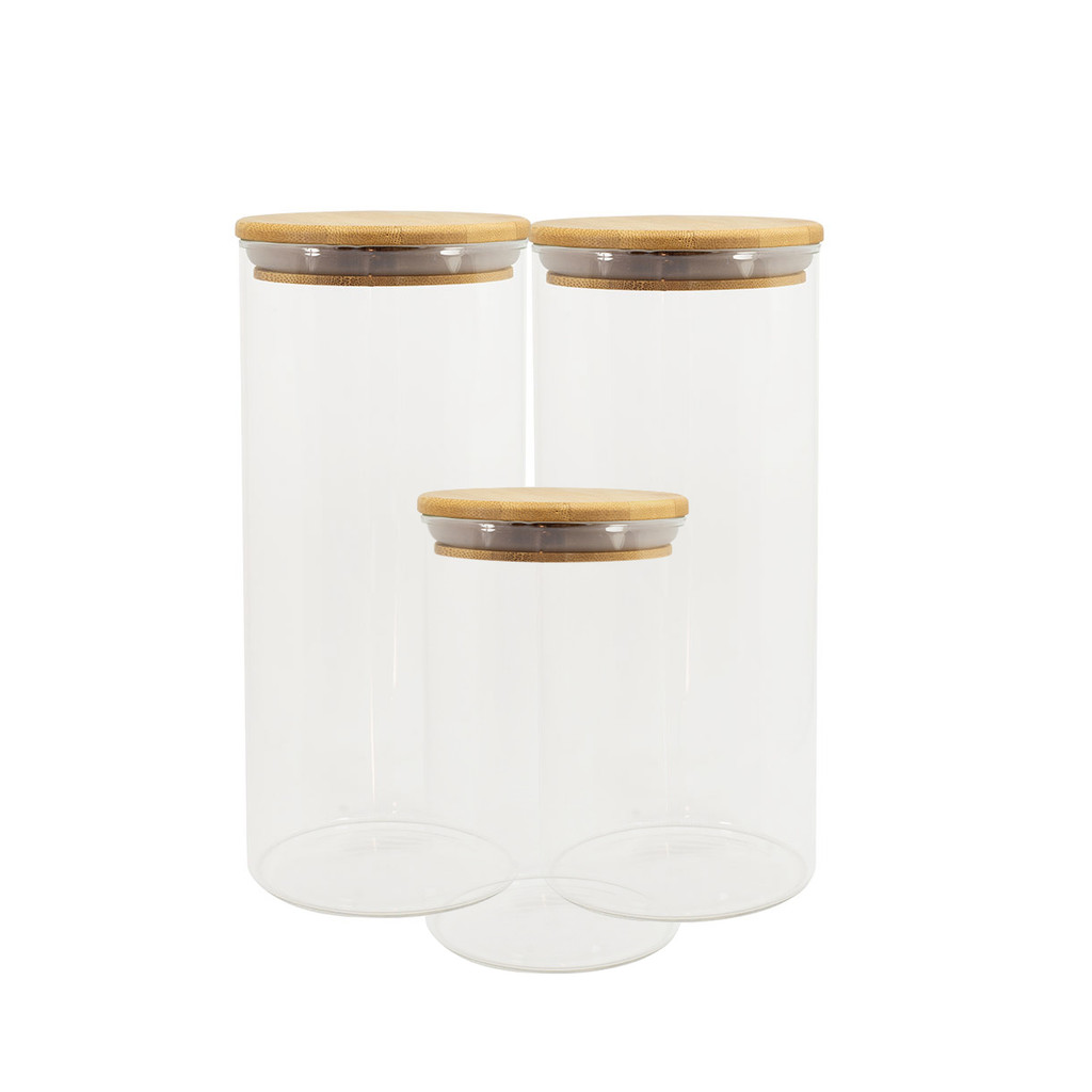 Conjunto 3 Potes Vidro Herméticos C/ Tampa de Bambu - Oikos em Oferta na Shopee
