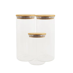 Conjunto 3 Potes Vidro Herméticos C/ Tampa de Bambu - Oikos